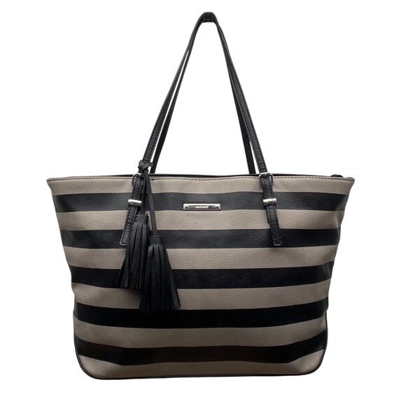 Nine West Taupe & Black Striped Faux Leather Black Tassel Detail Tote Bag Sz L - Picture 3 of 14
